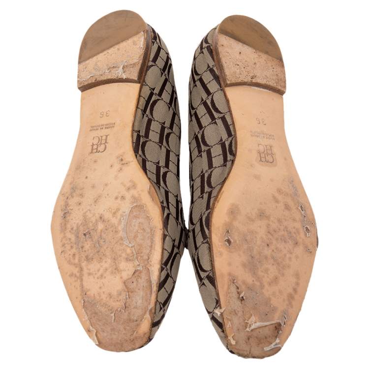 Pre Owned Carolina Herrera Brown/Beige Signature Canvas Logo Smoking Slippers Size 36
