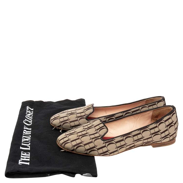 Pre Owned Carolina Herrera Brown/Beige Signature Canvas Logo Smoking Slippers Size 36