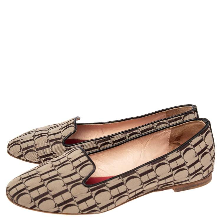 Pre Owned Carolina Herrera Brown/Beige Signature Canvas Logo Smoking Slippers Size 36