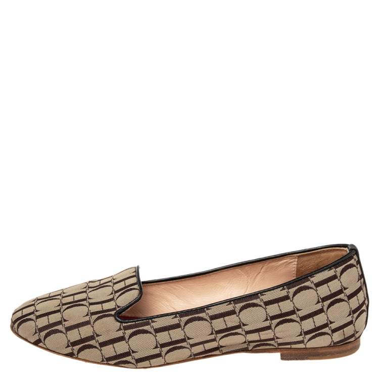 Pre Owned Carolina Herrera Brown/Beige Signature Canvas Logo Smoking Slippers Size 36