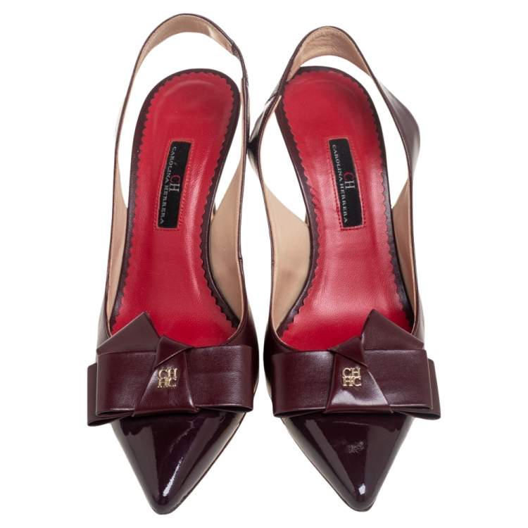 Pre Owned Carolina Herrera Burgundy Leather Bow Detail Slingback Sandals Size 38