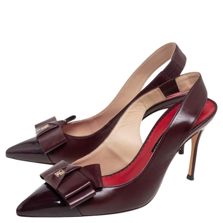 Pre Owned Carolina Herrera Burgundy Leather Bow Detail Slingback Sandals Size 38