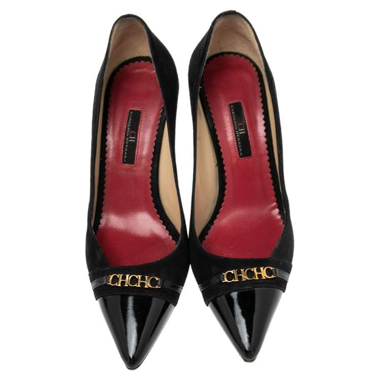 مملوكة مسبقًا Carolina Herrera Black Suede And Patent Leather Cap Pointed Toe Pumps Size 40