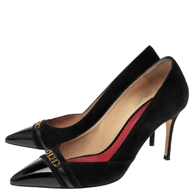 مملوكة مسبقًا Carolina Herrera Black Suede And Patent Leather Cap Pointed Toe Pumps Size 40