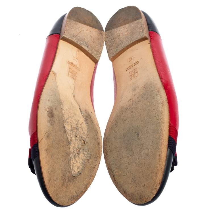 Pre Owned Carolina Herrera Blue/Red Leather Bow Ballet Flats Size 39