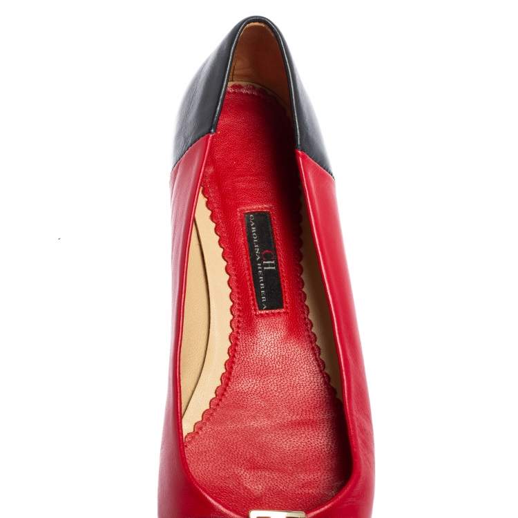 Pre Owned Carolina Herrera Blue/Red Leather Bow Ballet Flats Size 39