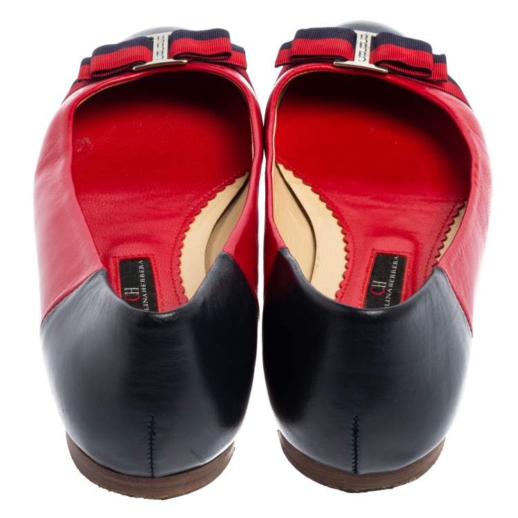 Pre Owned Carolina Herrera Blue/Red Leather Bow Ballet Flats Size 39