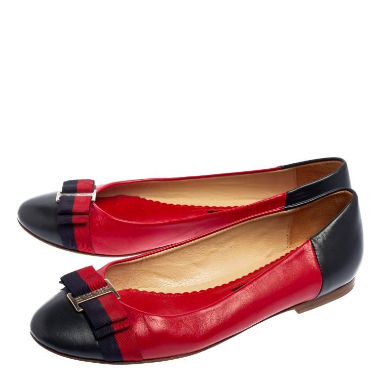 Pre Owned Carolina Herrera Blue/Red Leather Bow Ballet Flats Size 39