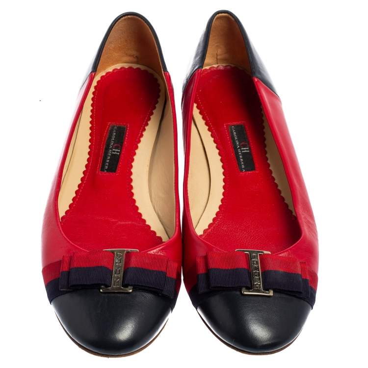 Pre Owned Carolina Herrera Blue/Red Leather Bow Ballet Flats Size 39