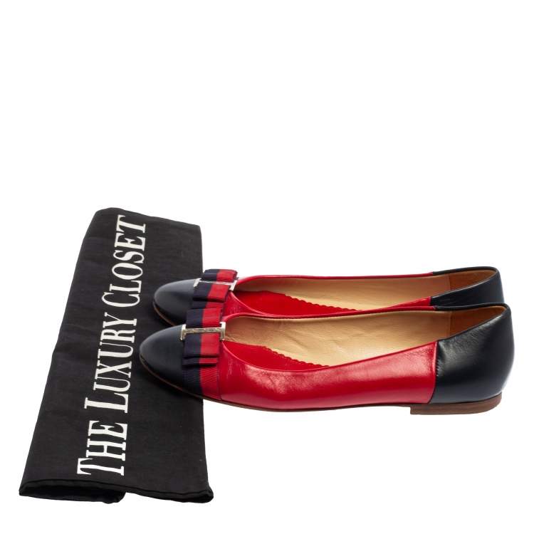 Pre Owned Carolina Herrera Blue/Red Leather Bow Ballet Flats Size 39