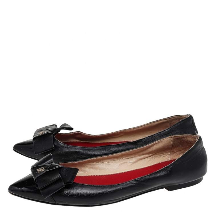 Pre Owned CH Carolina Herrera Black Leather Bow Pointed Toe Flats Size 38 
