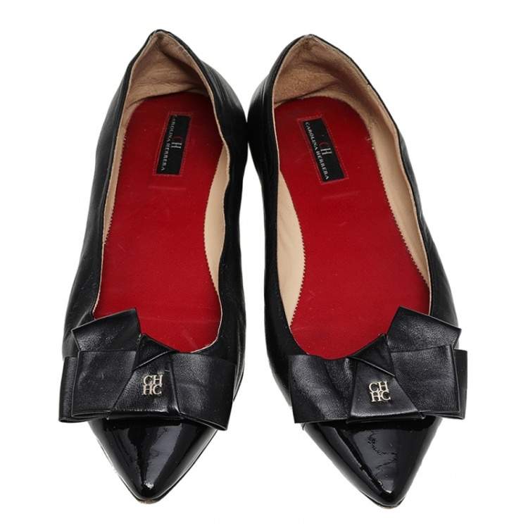 Pre Owned CH Carolina Herrera Black Leather Bow Pointed Toe Flats Size 38 