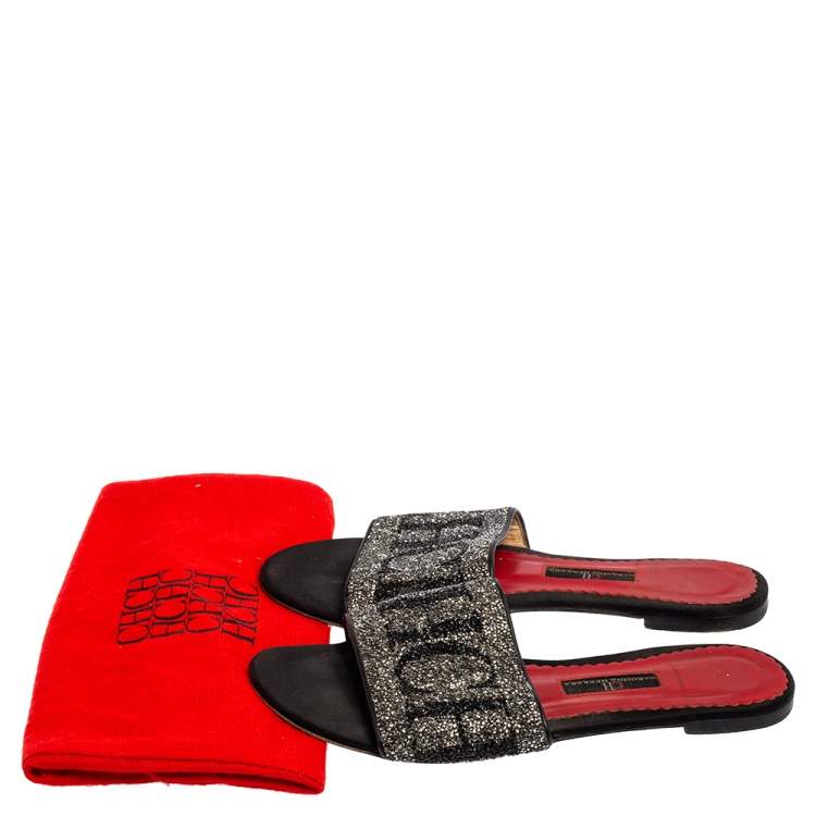 Pre Owned Carolina Herrera Black Leather Crystal Embellished  Slides Sandals Size 38