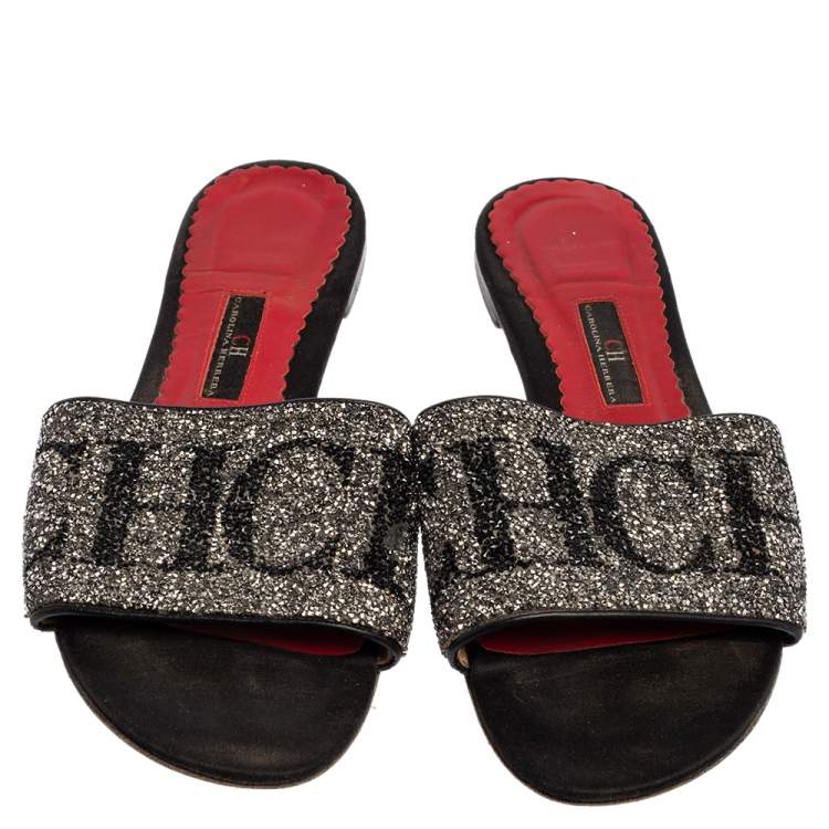 Pre Owned Carolina Herrera Black Leather Crystal Embellished  Slides Sandals Size 38