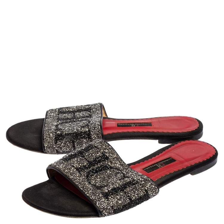 Pre Owned Carolina Herrera Black Leather Crystal Embellished  Slides Sandals Size 38