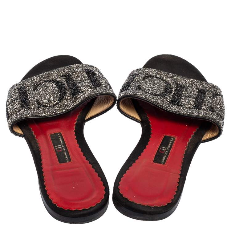 Pre Owned Carolina Herrera Black Leather Crystal Embellished  Slides Sandals Size 38