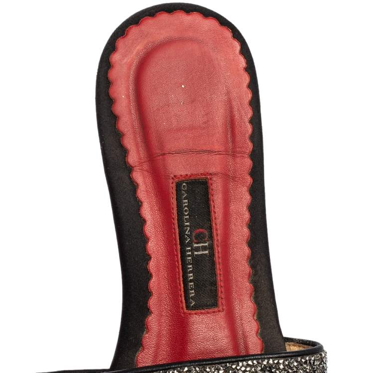 Pre Owned Carolina Herrera Black Leather Crystal Embellished  Slides Sandals Size 38