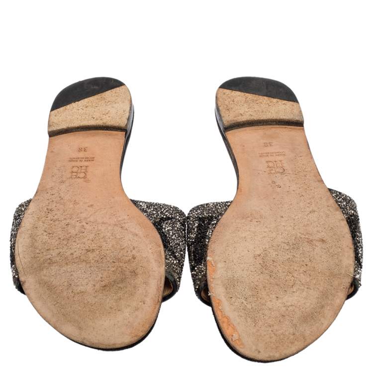 Pre Owned Carolina Herrera Black Leather Crystal Embellished  Slides Sandals Size 38