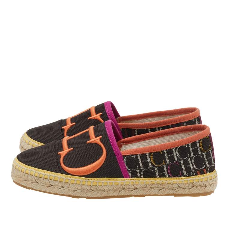 Pre Owned Carolina Herrera Brown  Logo Embroidered Fabric Cap Toe Espadrilles Flats Size 35