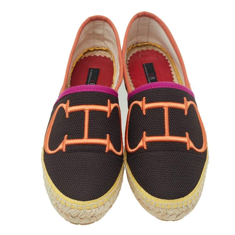 Pre Owned Carolina Herrera Brown  Logo Embroidered Fabric Cap Toe Espadrilles Flats Size 35