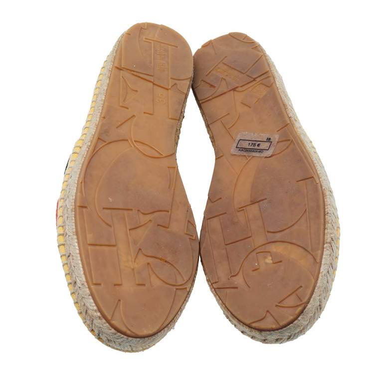 Pre Owned Carolina Herrera Brown  Logo Embroidered Fabric Cap Toe Espadrilles Flats Size 35