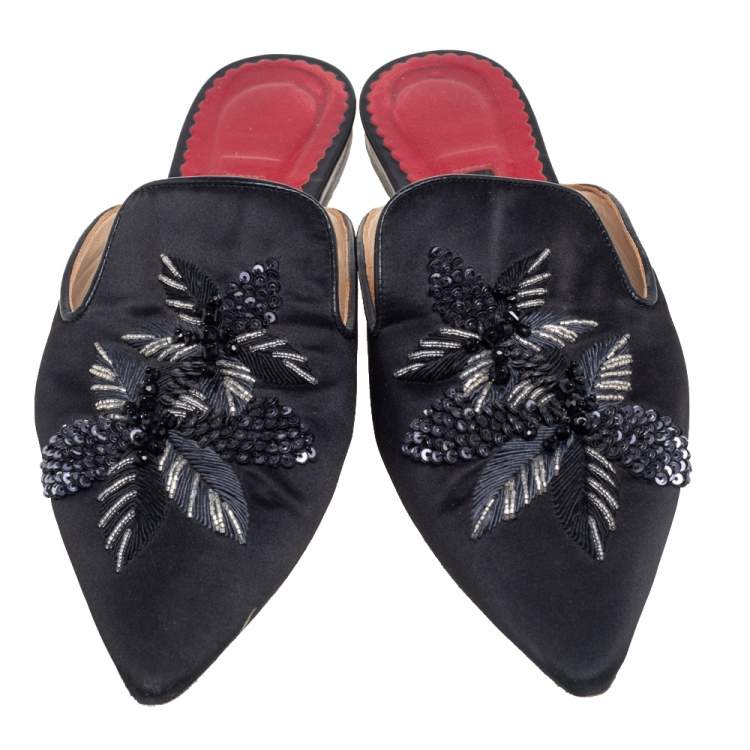 Pre Owned Carolina Herrera Black Satin  Embellished Mule Sandals Size 38