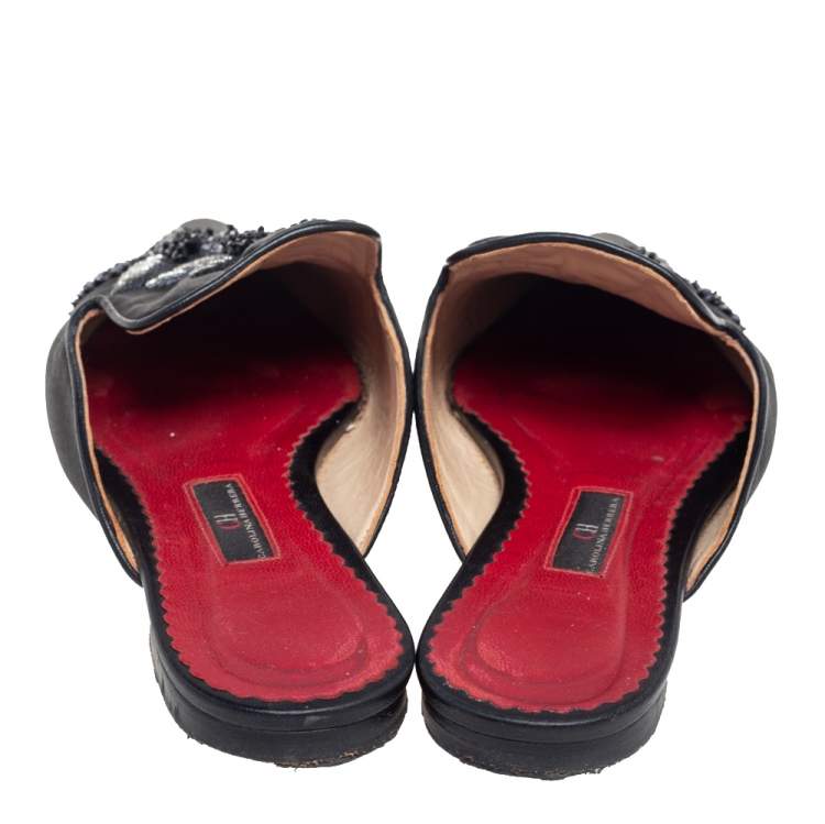 Pre Owned Carolina Herrera Black Satin  Embellished Mule Sandals Size 38