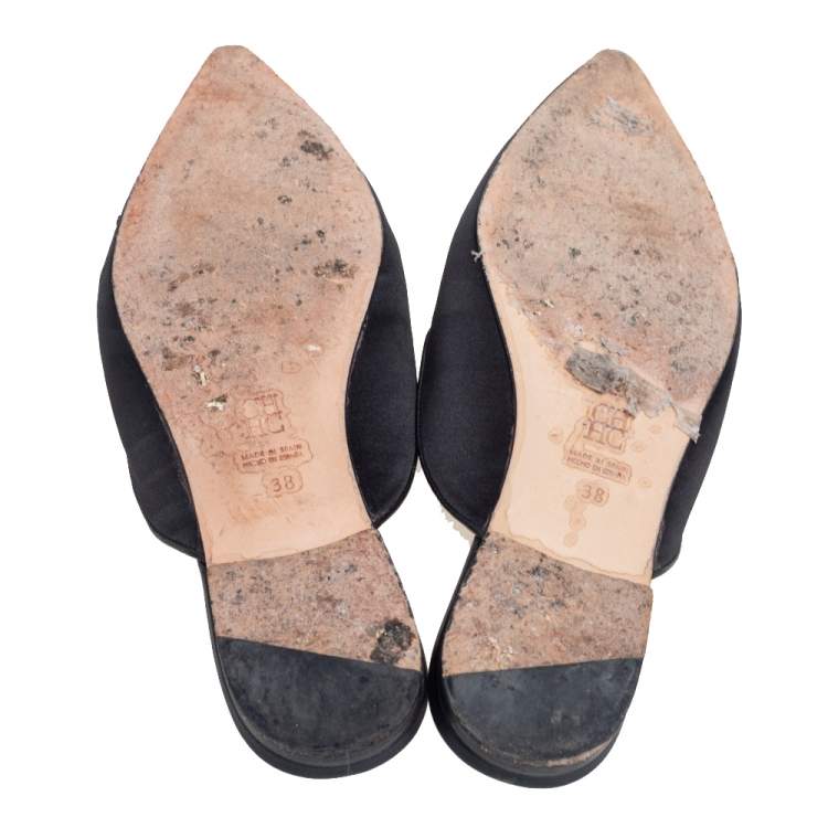 Pre Owned Carolina Herrera Black Satin  Embellished Mule Sandals Size 38