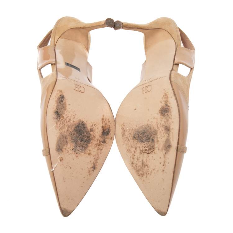 Pre Owned CH Carolina Herrera Beige Suede and Patent Leather Slingback Sandals Size 40