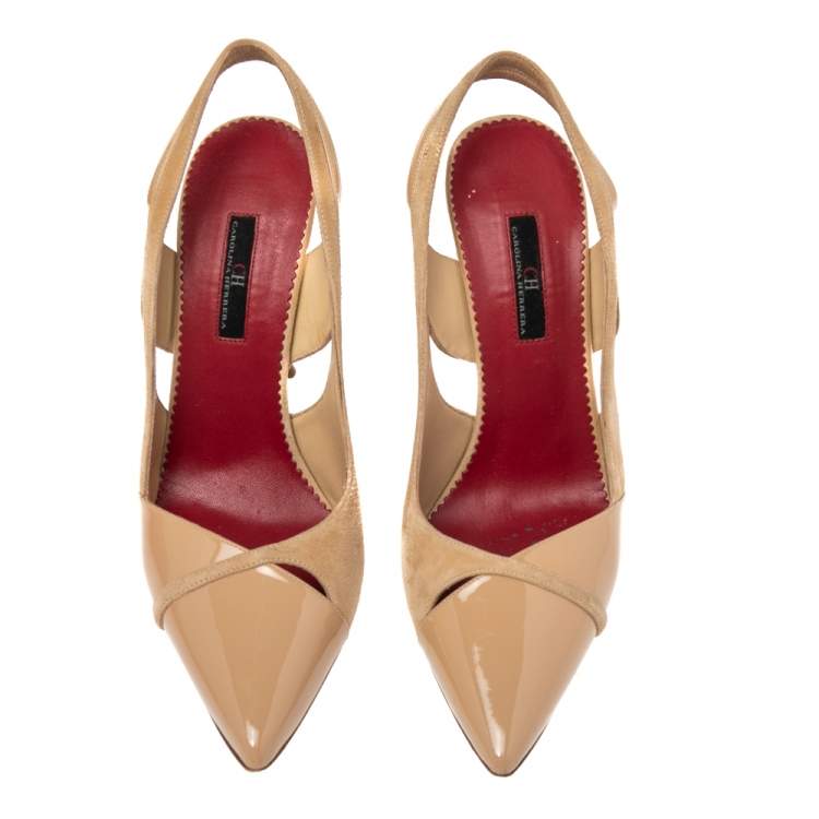 Pre Owned CH Carolina Herrera Beige Suede and Patent Leather Slingback Sandals Size 40