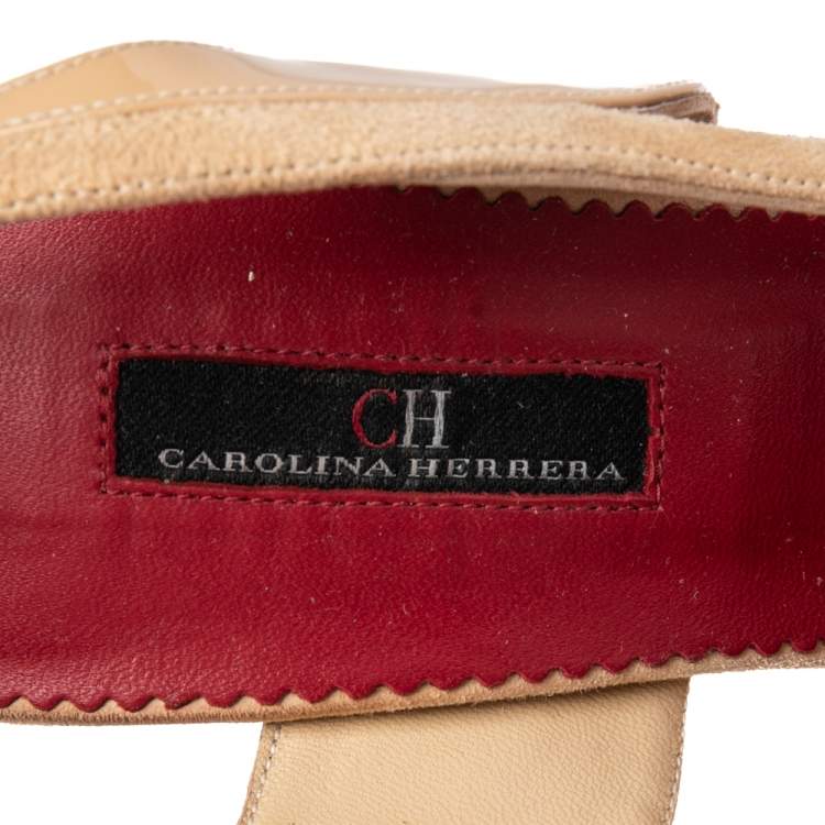 Pre Owned CH Carolina Herrera Beige Suede and Patent Leather Slingback Sandals Size 40
