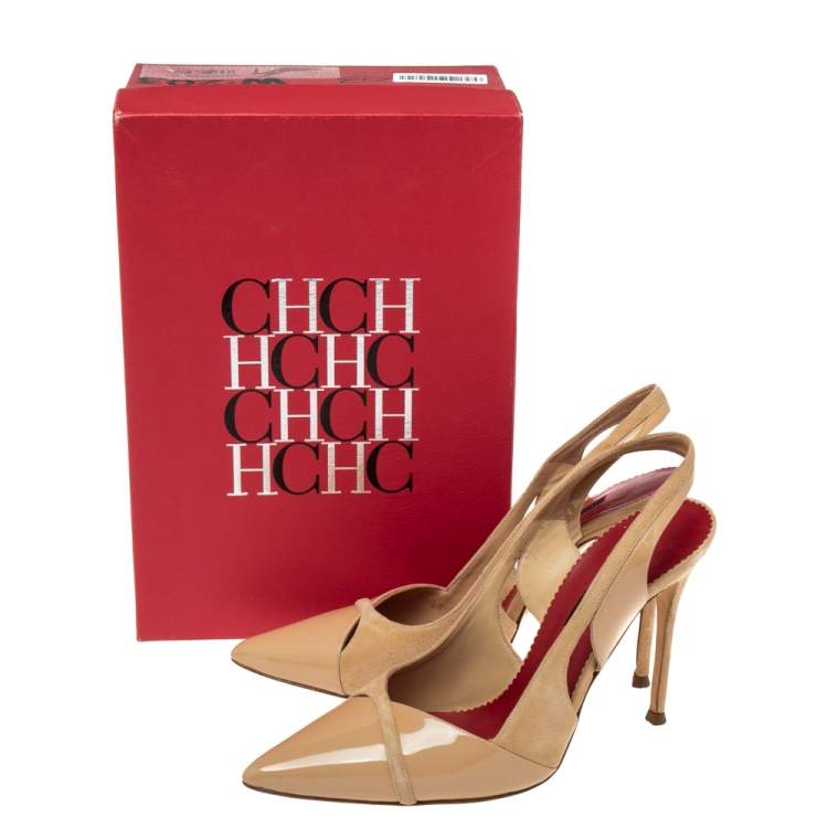 Pre Owned CH Carolina Herrera Beige Suede and Patent Leather Slingback Sandals Size 40