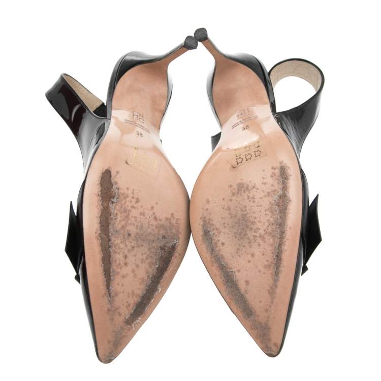 Pre Owned Carolina Herrera Black Patent Leather and Leather Bow Detail Slingback Pumps Size 38
