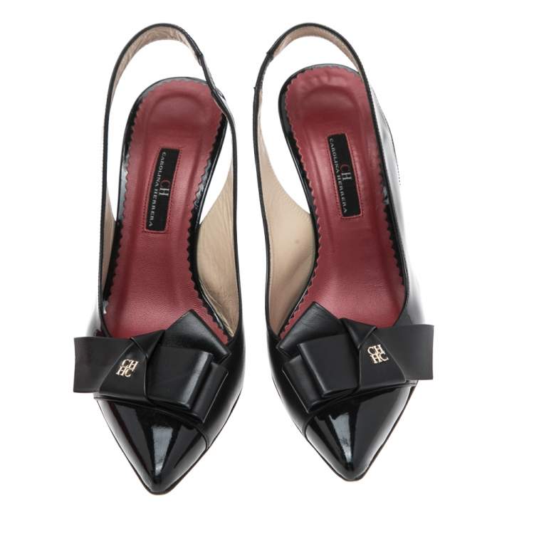 Pre Owned Carolina Herrera Black Patent Leather and Leather Bow Detail Slingback Pumps Size 38
