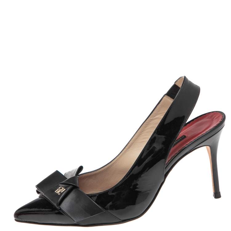 Pre Owned Carolina Herrera Black Patent Leather and Leather Bow Detail Slingback Pumps Size 38