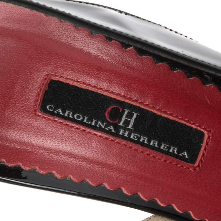 Pre Owned Carolina Herrera Black Patent Leather and Leather Bow Detail Slingback Pumps Size 38