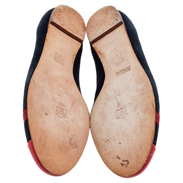 Pre Owned CH Carolina Herrera Black-Red Suede and Leather Ballerina Flats Size 37