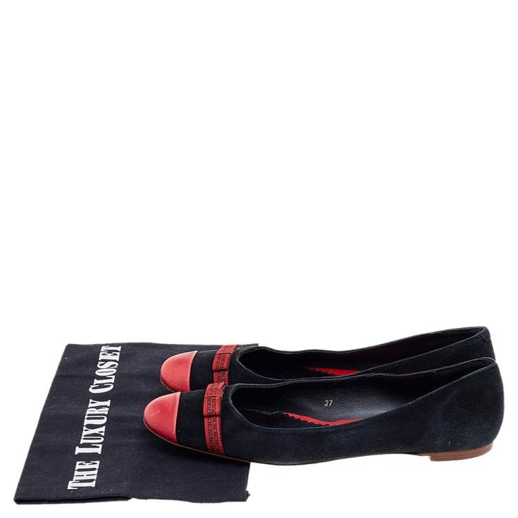 Pre Owned CH Carolina Herrera Black-Red Suede and Leather Ballerina Flats Size 37