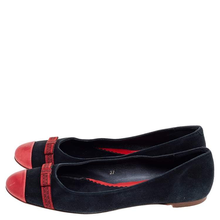 Pre Owned CH Carolina Herrera Black-Red Suede and Leather Ballerina Flats Size 37
