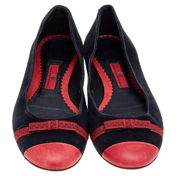 Pre Owned CH Carolina Herrera Black-Red Suede and Leather Ballerina Flats Size 37