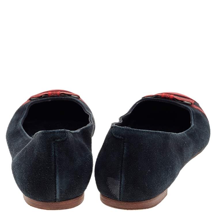 Pre Owned CH Carolina Herrera Black-Red Suede and Leather Ballerina Flats Size 37