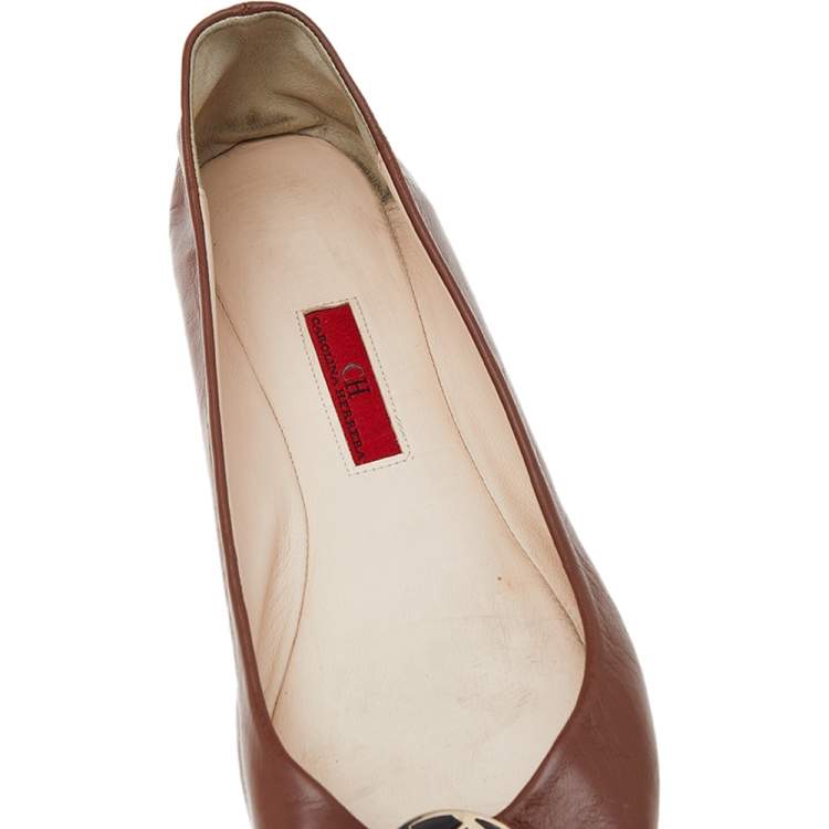 Pre Owned CH Carolina Herrera Brown Leather Logo Ballet Flats Size 39