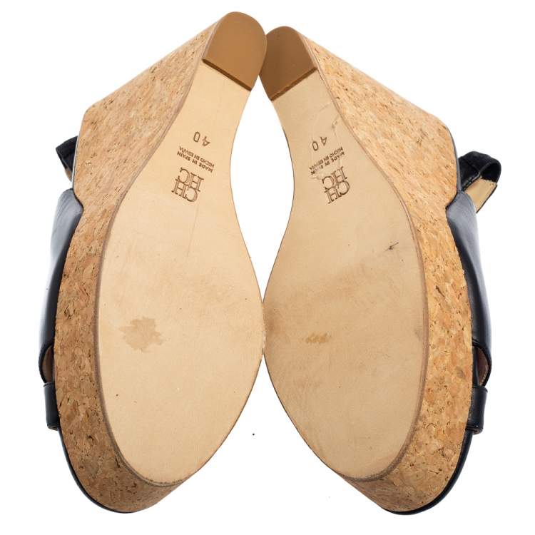Pre Owned CH Carolina Herrera Blue Leather Cork Wedge Slingback Platform Sandals Size 40