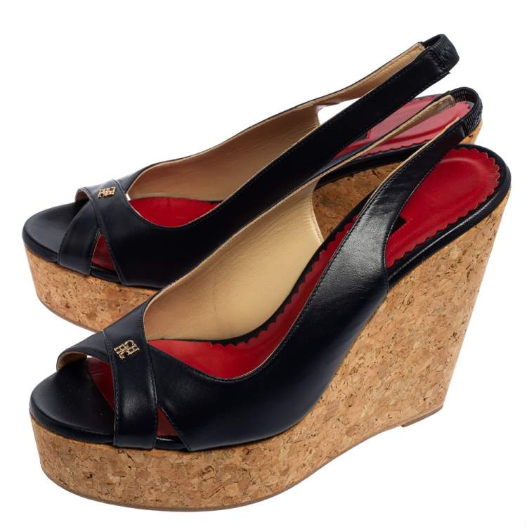 Pre Owned CH Carolina Herrera Blue Leather Cork Wedge Slingback Platform Sandals Size 40