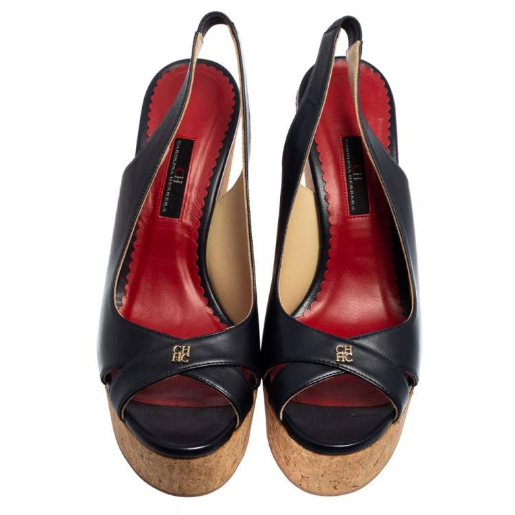 Pre Owned CH Carolina Herrera Blue Leather Cork Wedge Slingback Platform Sandals Size 40