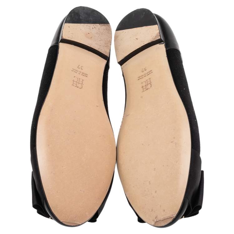 Pre Owned Carolina Herrera Black Suede And Leather Bow Ballet Flats Size 37