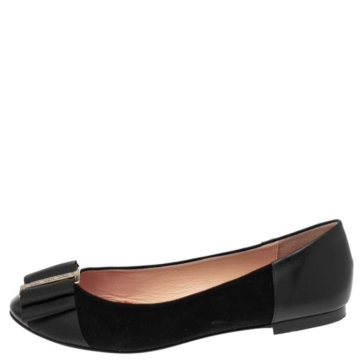 Pre Owned Carolina Herrera Black Suede And Leather Bow Ballet Flats Size 37