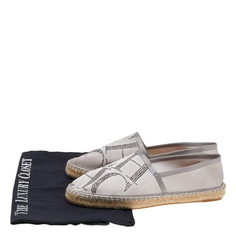 Pre Owned CH Carolina Herrera Silver Satin Embellished Espadrille Flats Size 36