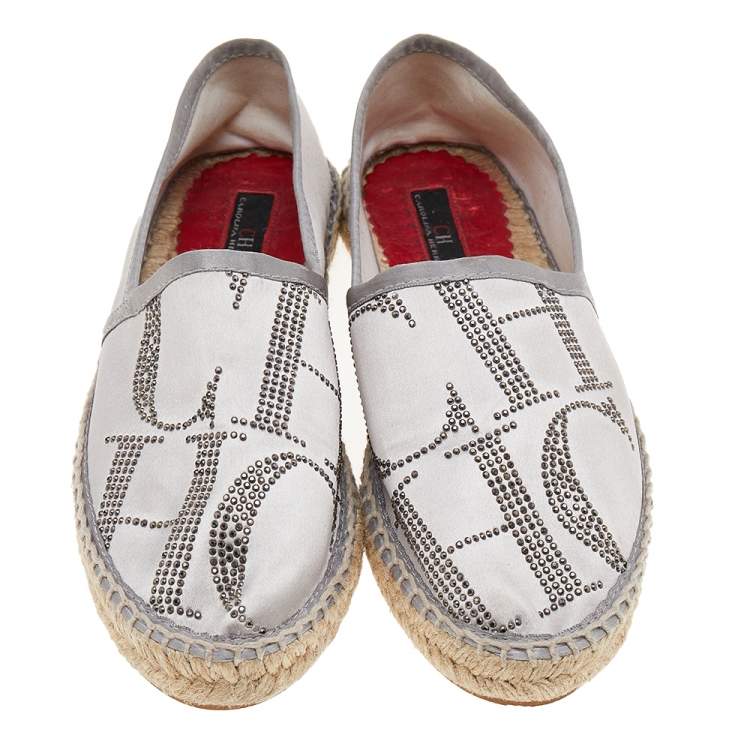 Pre Owned CH Carolina Herrera Silver Satin Embellished Espadrille Flats Size 36