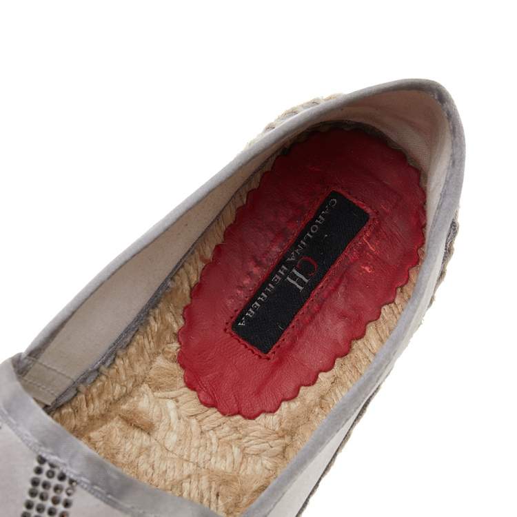 Pre Owned CH Carolina Herrera Silver Satin Embellished Espadrille Flats Size 36